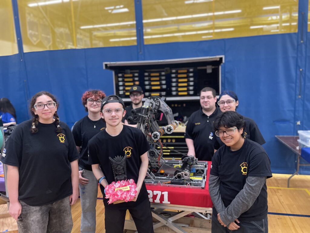 Team 271 Mechanical Marauders students and robot at competitions and in the shop
