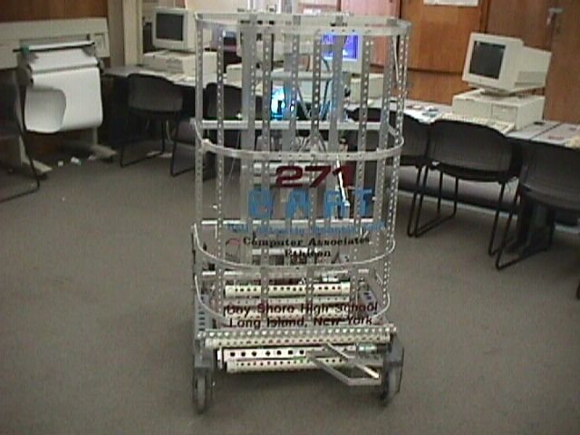 Team 271 2000 robot on a cart in the shop
