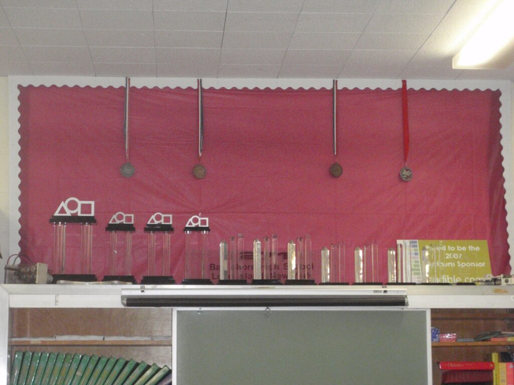 Trophy wall in the Team 271 shop